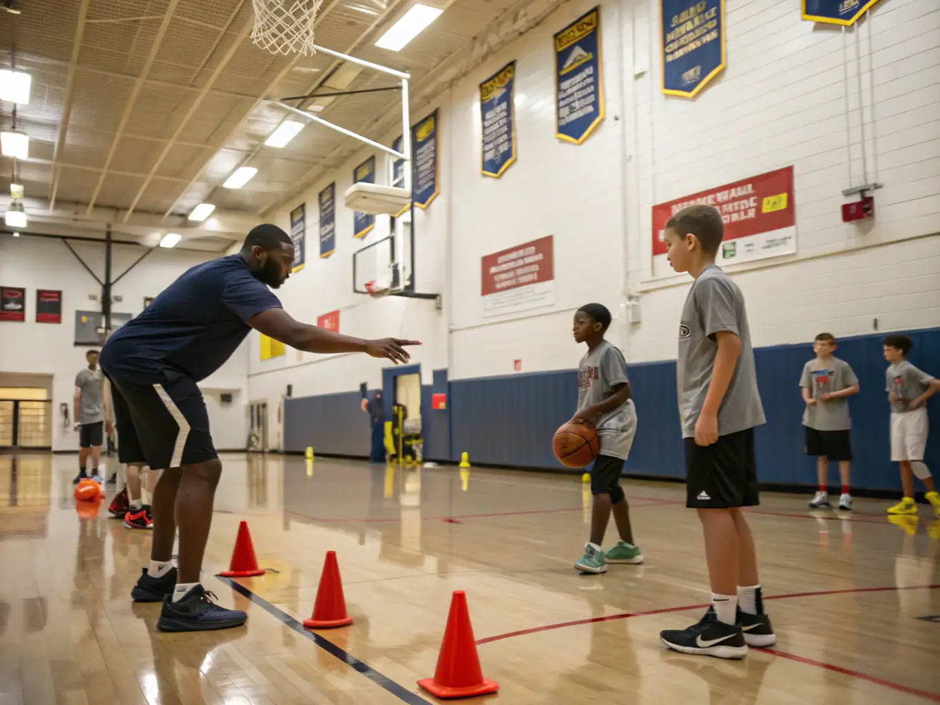 A coach guiding young athletes during a training session in a local sports facility, representing the Sports Development Programs.